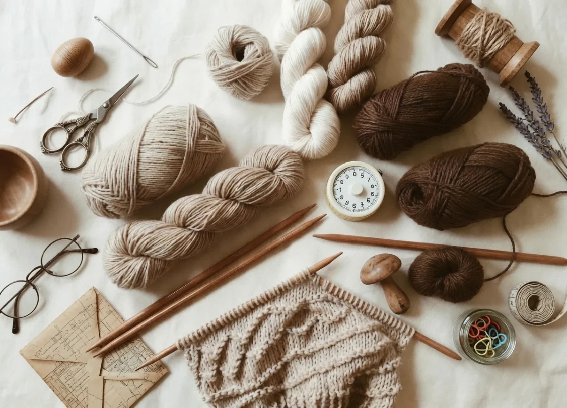 Skeins of wool, wooden needles and a half-knitted swatch laid out on linen.